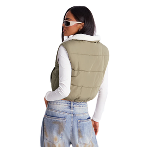 Veste courte en duvet pour <span class=keywords><strong>femme</strong></span> avec doublure en fausse <span class=keywords><strong>fourrure</strong></span> fermeture à glissière hiver coupe-vent <span class=keywords><strong>sans</strong></span> manches chaud gilet bouffant - Product Image 5