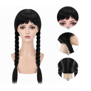 <span class=keywords><strong>Perruque</strong></span> Wednesday Addams noire à double tresses avec frange, <span class=keywords><strong>perruque</strong></span> synthétique pour femmes, costume de cosplay d'Halloween - Product Image 2