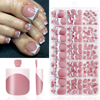 150 faux ongles de pieds carrés courts à presser, style French, couleur nude rose avec bord blanc, couverture complète, 15 tailles, réutilisables, finition brillante