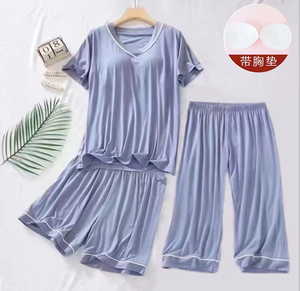 Women's Summer Thin Simple V-Neck <strong>Cropped</strong> Shorts <strong>Pyjamas</strong> with Breast Pad Three-Piece Home Wear for Spring Knitted Fabric - Product Image 3
