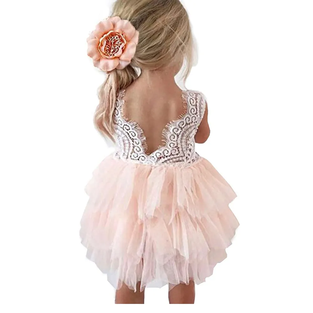Lace Back Tiered A-Line Straight Tutu Tulle Party Flower Girl Dresses