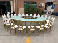 Table de banquet moderne de luxe en acier inoxydable en forme de S pour événements de mariage, diamètre 340 cm, plateau en verre trempé, salle à manger d'hôtel