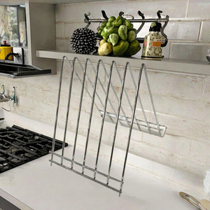 Support de planche à découper moderne à double niveau en métal gris clair, non pliable, en fer chromé, 6 fentes, type sur pied, portable - Product Image 3