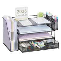Organisateur de fichiers de bureau multifonctionnel en maille avec tiroir et porte-stylos, rangement de papeterie de bureau, gain de place
