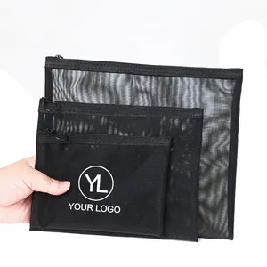 Borse cosmetiche della chiusura lampo del sacchetto di trucco di bellezza di viaggio dell'organizzatore trasparente della maglia di Nylon nero leggero su ordinazione