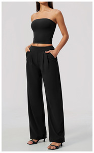 Conjunto de 2 Piezas Verde Oliva para Mujer, Top sin Tirantes, Pantalones Anchos, Corte Holgado, Tejido a Rayas, Transpirable, Casual de Primavera/Verano - Product Image 6