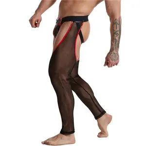 Custom Hot Fashion Men's Leather Jockstrap Underwear Male Mesh Transparent Fishnet Leggings