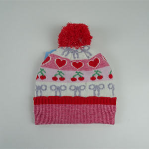 Bonnet en tricot jacquard mignon pour enfants avec pompon - Certifié OEKO-TEX, motif cerise et cœur, doublure polaire, chapeau d'hiver chaud pour filles - Product Image 1