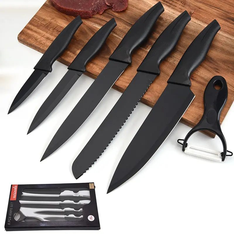 KINGWISE Custom Private Label Kitchen Knives Non Stick Black 5 Piece Cooking Stainless Steel Knife Sets with Ceramic Peeler