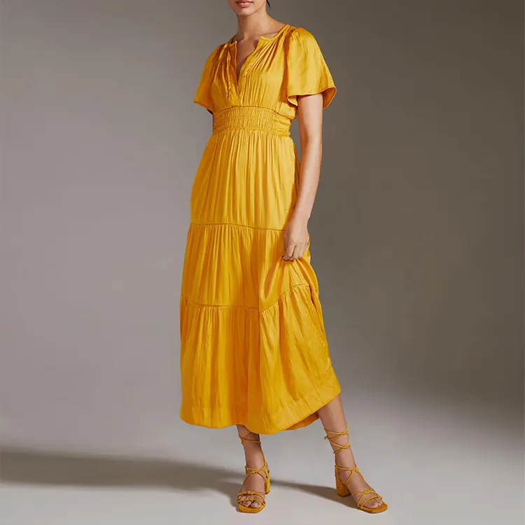 Casual short puff sleeve midi ruffle dress women factory wholesale tiered bohemian dress custom plain summer sundresses