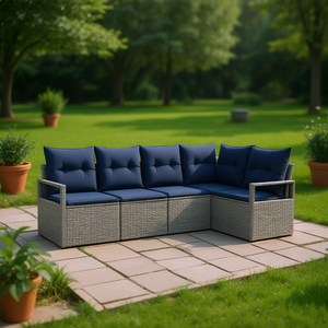 ชุดโซฟาหวายเทียมสีเทาสำหรับสวน 5 ที่นั่ง เฟอร์นิเจอร์กลางแจ้ง ดีไซน์ร่วมสมัย - Product Image 2