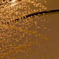 Lustre sur mesure à grandes feuilles dorées, installation artistique moderne en verre pour hall d'hôtel, villa, escalier