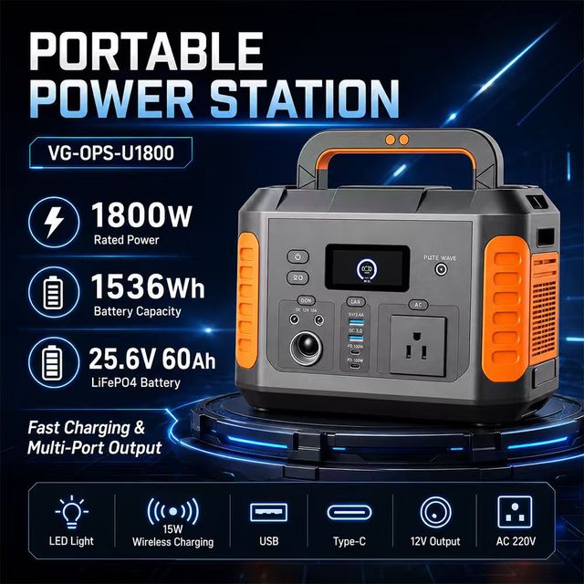 JFT-U1800-2 Portable Power Station 1800W 1536Wh LiFePO4 Battery, 120V Pure Sine Wave, AC/DC/USB-C, Fast Charging for Home Backup