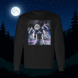 Camiseta de manga larga con diseño de tres mapaches que ronquen al luna en una noche estrellada - Product Image 3