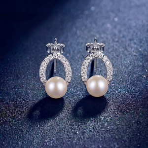 <b>Copper</b> Oval <b>Frame</b> Shell Pearl Stud Earrings with CZ Elegant Daily Wear Jewelry for Women - Product Image 5