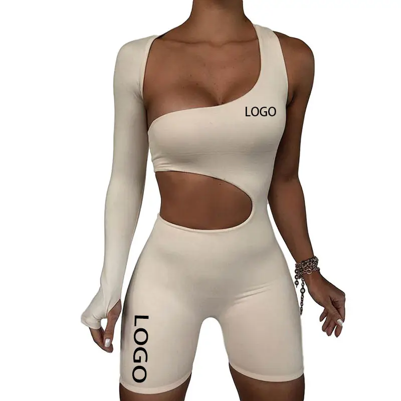 Custom Logo 2021 Women Clothing One Shoulder Breathable Jumpsuits Long Sleeve Jump Suit Plain Short Sets for Girls Solid Skinny