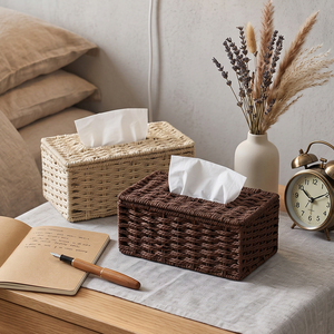 Caja de pañuelos creativa de imitación de mimbre y paja para el hogar, sala de estar, mesa de centro, soporte para servilletas - Product Image 2