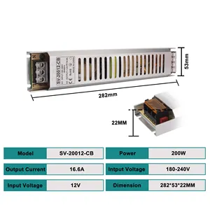 Kunden spezifische neue Produkte Konstante Spannung Ultra dünner Innen IP20 200W 12V LED-Leuchten Treiber