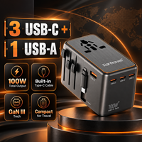 Adaptateur de voyage international 100W GaN, chargeur rapide, câble rétractable type C, prise universelle EU UK US AU, chargeur multi-ports