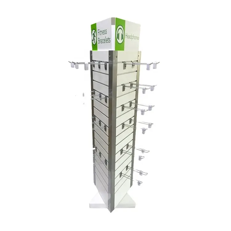 Supermarket 3 sides rotated wood floor display cell phone jewelry accessories display rack stand with metal hooks