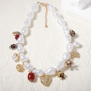 Kalung liontin mutiara tidak beraturan terbaru untuk wanita kalung rantai rumbai bola bunga hati logam Punk Retro - Product Image 3