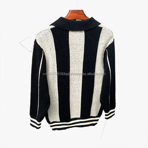 Polo en maille vintage à blocs de couleur et rayures verticales, col à revers, manches longues, coupe ample, pour homme et femme, collection automne-hiver - Product Image 5