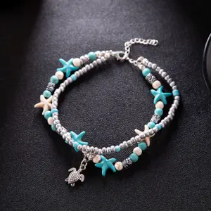 Mode Sieraden Blauwe Schildpad Enkelbanden Voor Vrouwen Meisjes Kralen Strand Hanger Enkel Armband Bohemian Voet Ketting