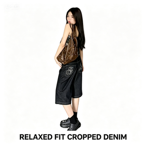 2026 Summer Eco-Friendly Casual Breathable Streetwear Women's Loose High Waist <strong>Cropped</strong> <strong>Wide</strong> <strong>Leg</strong> Jeans <strong>Black</strong> Denim Capri <strong>Trousers</strong> - Product Image 3
