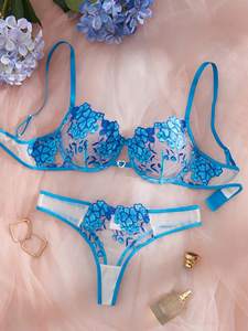 Set Lingerie Donna in Pizzo Trasparente Blu con Ricamo Floreale, Reggiseno Push-up e <span class=keywords><strong>Perizoma</strong></span>, 2 Pezzi, Intimo Disponibile nel Magazzino USA - Product Image 1