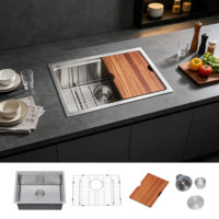 Évier de cuisine professionnel en acier inoxydable, simple bac, fait main, moderne, pour poste de travail, commande en gros usine