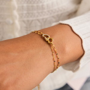 Bracelet double anneau en forme de cœur en alliage de zinc avec strass sertis clos, bijou cadeau - Product Image 3
