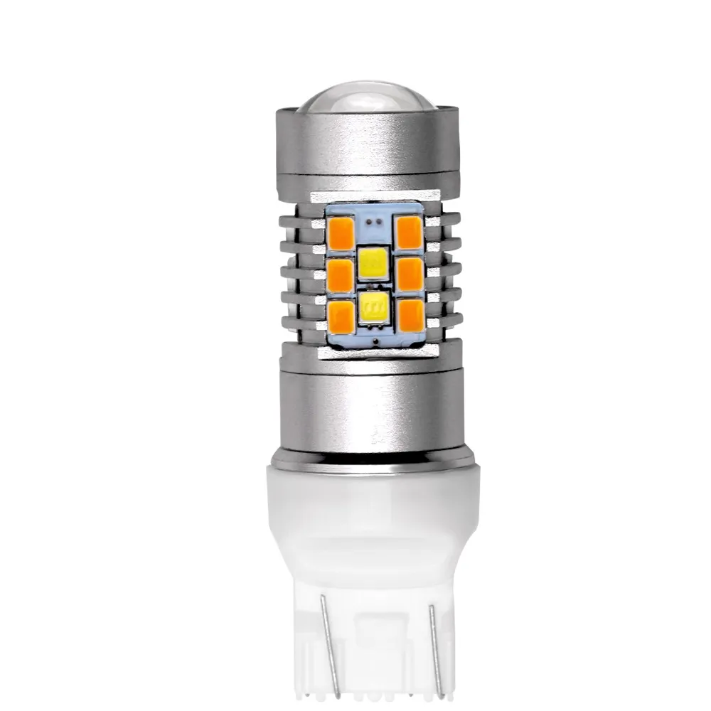 Beyaz sarı Lens araba çift renkli LED ampuller T20 T25 1157 3157 7443 gündüz koşu işık dönüş sinyal ışığı Switchback LED ampuller