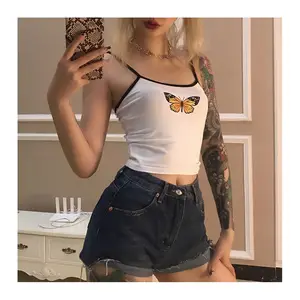 B1433 chemises courtes d'été à imprimé papillon pour femmes, mode sans manches, Top tubulaire pour dames, chemise pour adolescentes, vêtements licou, Top Sexy