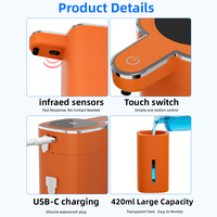 Distributeur de savon automatique sans contact de luxe, couleur orange, sans perçage, rechargeable par USB, infrarouge, pour salle de bain et cuisine