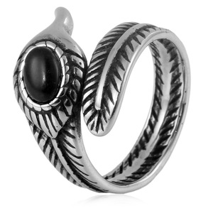 yunnique Feather Shape Black Stone <b>Ring</b> Steel Color Unisex Ethnic Style Fashion Jewelry Gift - Product Image 4