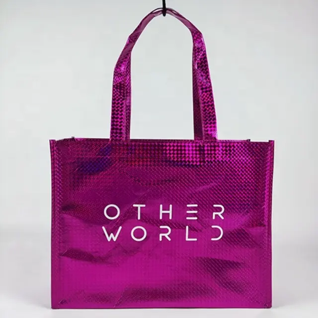 Bolsa impresa laminada personalizada, bolsa de compras laminada no tejida, de reciclaje laminada rosa con logotipo