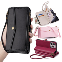 Étui portefeuille en cuir PU avec bandoulière, fermeture éclair, porte-cartes et rabat pour iPhone 13 14 15 16 17 Pro Max – Coque antichoc