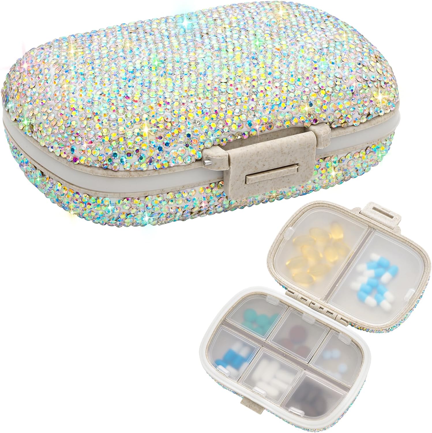 Draagbare 8 Compartimenten Dagelijkse Pil Organizer Bling Crystal Diamant Pil Box Travel Pil Case Dispenser Medicinecontainer