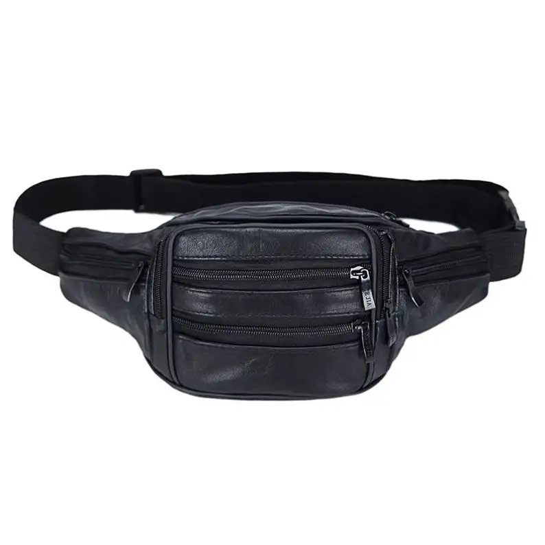 Mens Black Leather Hiking Travel Pouch Purse Belt Unisex Multiple Pockets Funny Pack Waist Bag
