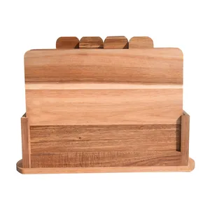 Sturdy Organic Acacia Wood Index Cutting Board Set With Storage Base Holder For Bread Meat Vegetables Fish