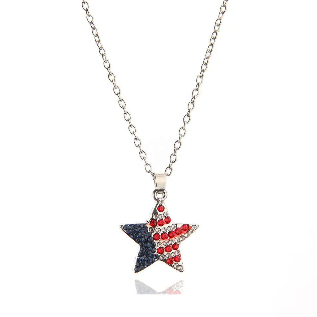 Custom American Flag Star Shape Patriotic Independence Day Rhinestone Pendant Necklace