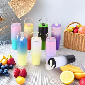 30oz Stainless Steel Tumbler Gradient Color With Handle and Straw Portable Handheld Travel Mug Insulated <b>Cold</b> Hot Water <b>Cup</b> - Product Image 1
