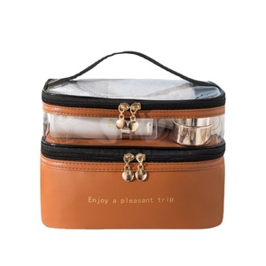 Sac à cosmétiques moderne en PU, grande capacité, double couche, fermeture éclair transparente, organiseur de voyage, trousse de maquillage avec poignée souple - Product Image 5