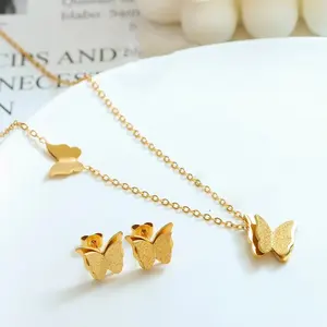 Conjunto de joyería de moda para mujer chapada en oro de 18 quilates, collar con colgante de mariposa esmerilada de acero inoxidable, pendientes para compromiso de boda - Product Image 4