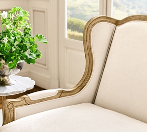 Magnifique canapé <span class=keywords><strong>vintage</strong></span> américain en chêne, causeuse en tissu de lin de taille personnalisable, canapé deux places de luxe en bois authentique sculpté à la main - Product Image 2