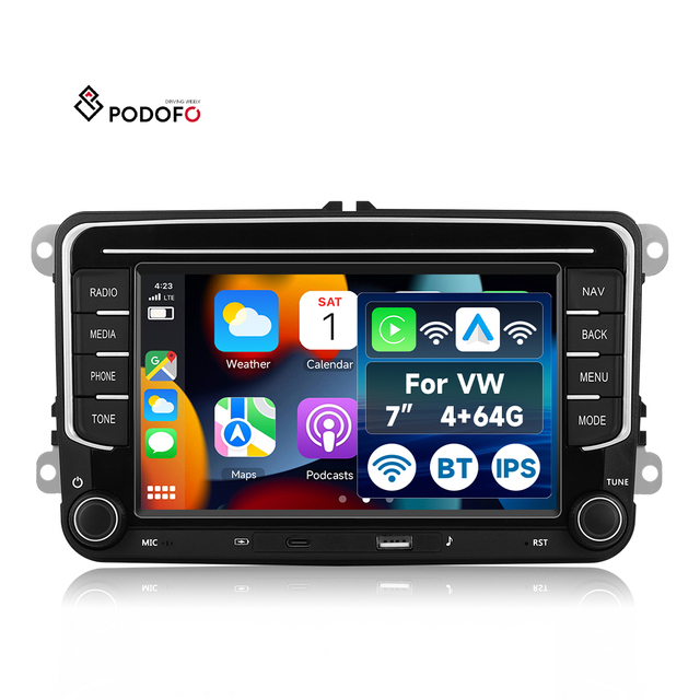 Podofo for VW/Seat/Skoda/Passat/Touran/Golf/Polo 7'' Android Car Radio 2+64G Wireless Carplay/Android Auto GPS/WiFi USB + Type-C