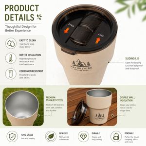 แก้วกาแฟสแตนเลสแบบมีฝาปิด ขนาด 300 มล. สกรีนโลโก้ได้ ผนังสองชั้นสุญญากาศ เก็บอุณหภูมิ ซ้อนกันได้ เหมาะสำหรับแคมป์ปิ้งและการเดินทาง - Product Image 4