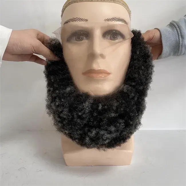 Ustache-pelo facial hecho a mano para hombre, tupé Ndian virgen de 4mm afro rizado gris, barba larga con encaje completo