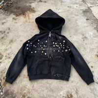 Sudadera con capucha negra con cremallera, con puntos de colores y efecto desgastado, con logotipo personalizado, Strategic Factory OEM ODM Private Label Y2K Heavyweight Bulks Pro