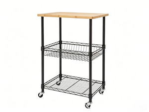 Chariot de cuisine à 3 niveaux avec cadre galvanisé et plateau en bois, chariot utilitaire de rangement en métal avec étagères en fil métallique et panier - Product Image 4